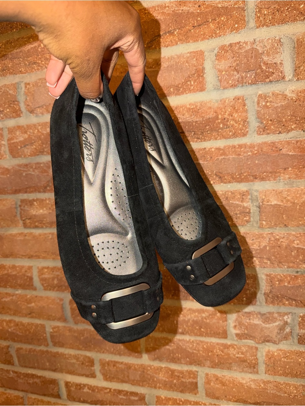 Black Suede Women's Ballet Flats with Decorative Buckle